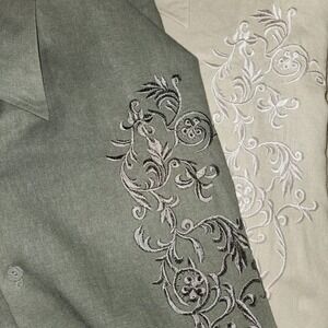 3XB Shirt *2 Linen Guayabera TAN OLIVE GREEN Embroider Untuck L/S Button ITALIAN